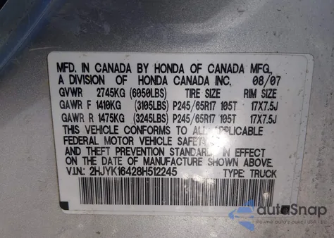 2008 Honda Ridgeline Rts from USA, damaged, VIN 2HJYK16428H512245